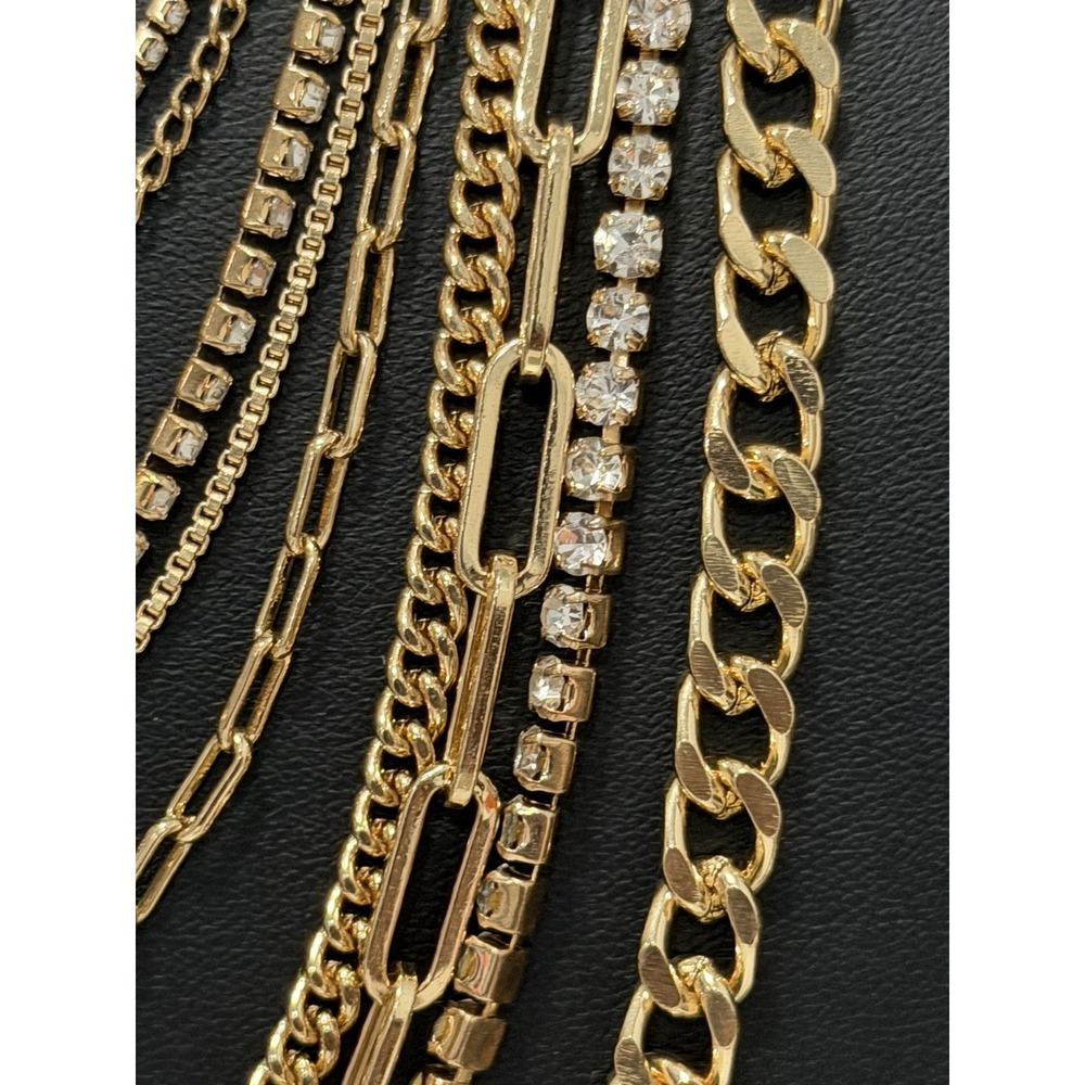 Gold Tone Multi Strand Layered Chain Necklace Rhinestone Statement 24" - Picture 4 of 11